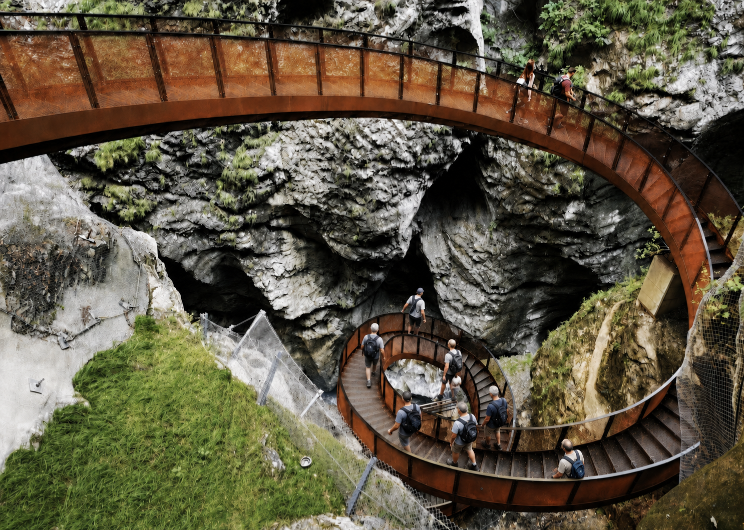 Ocho viajeros bajando por una escalera entre las montañas
